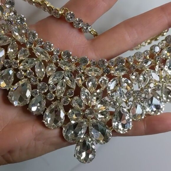 Christina Collection Gold Rhinestone Statement Necklace - Picture 12 of 12